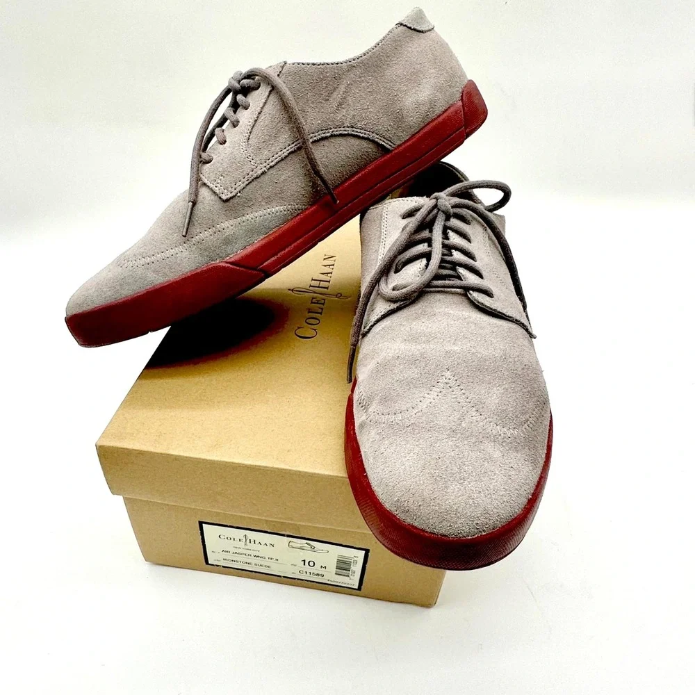 Cole Haan Air Jasper Wingtip‎ II Suede Shoes 10M – Gray/Red C11589 – With Box